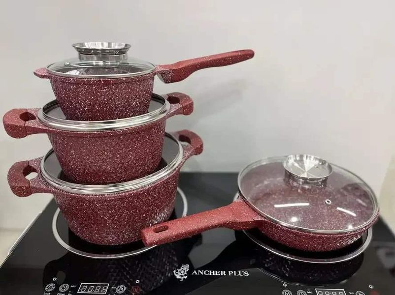 Набір каструль та сковорода з гранітним антипригарним покриттям Higher Kitchen HK-315 7 предметів Червоний 200003024 фото