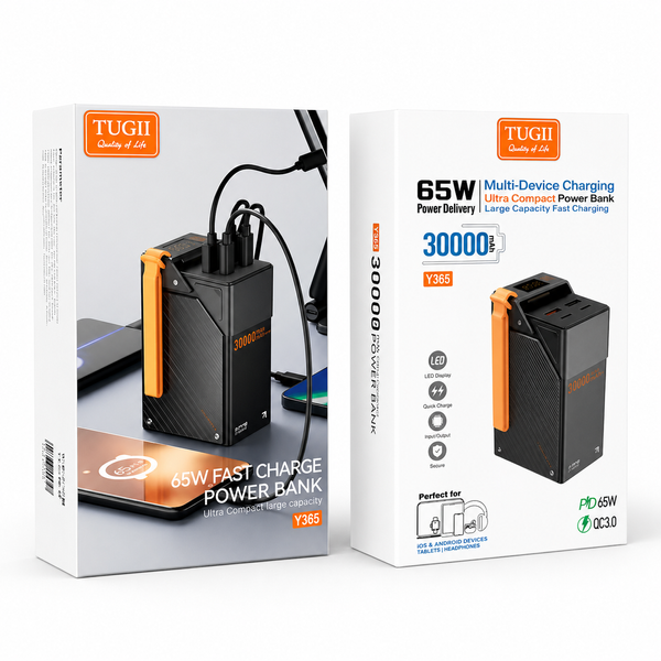 Повербанк TUGII Y365 30000 mAh 65W чорний з 2 USB, 2 Type-C та ремінцем для телефону та ноутбука 200008427 фото