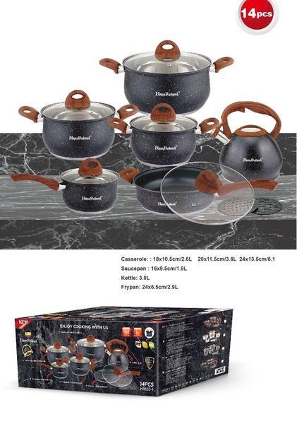 Набор посуды Haus Roland HR120-1 (14 предметов) из нержавеющей стали: кастрюли 2,6/3,6/6,1 л; ковш 1,9 л; сковорода 2,9 л; чайник 200000774 фото